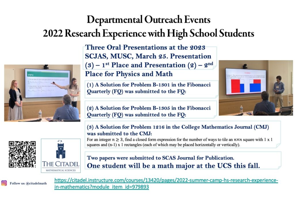 Departmental Outreach Events 2022 Research Experience with High School Students.