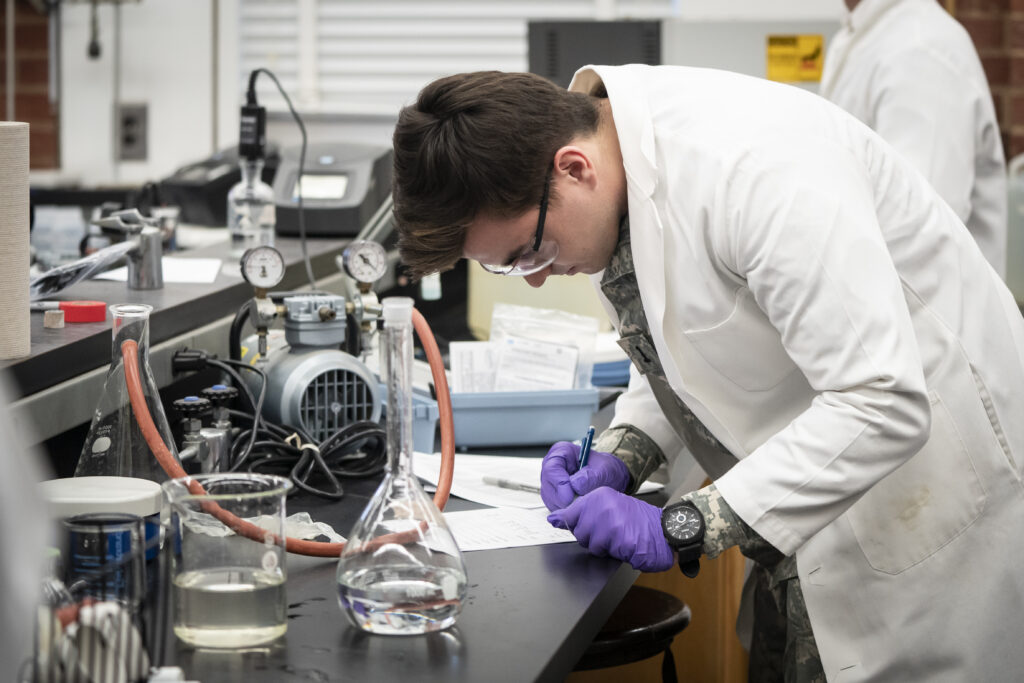 Cadets in the School of Engineering take part in lab work in LeTellier Hall at The Citadel in Charleston, South Carolina on Monday, January 27, 2020. (Photo by Cameron Pollack / The Citadel)