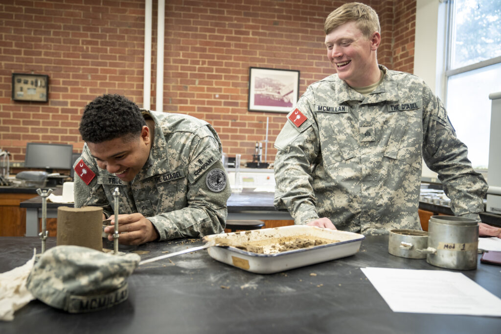Engineering cadets participate in laboratory work in LeTellier Hall at The Citadel in Charleston, South Carolina on Monday, February 10, 2020. (Photo by Cameron Pollack / The Citadel)