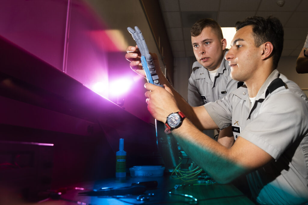 Mechanical engineering students test a mechanical arm to aid in American Sign Language communication in Grimsley Hall in Charleston, South Carolina on Wednesday, March 4, 2020. (Photo by Cameron Pollack / The Citadel)