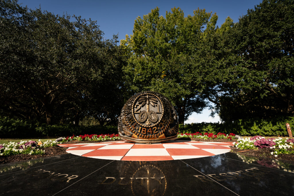 The Ring Statue is seen at The Citadel in Charleston, South Carolina on Tuesday, November 10, 2020. (Photo by Cameron Pollack / The Citadel)