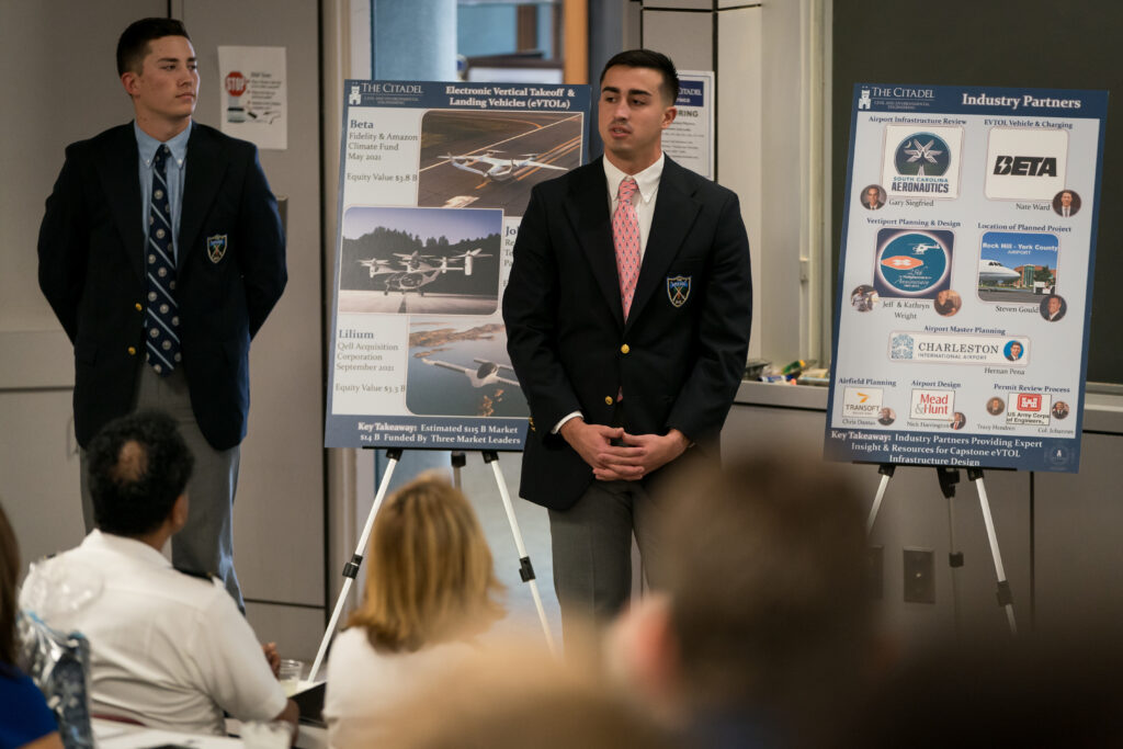 Representative Nancy Mace attends a project presentation from senior engineering cadets