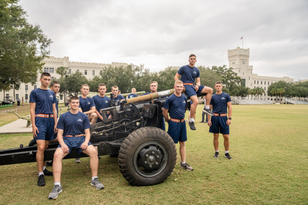Cadets from the Palmetto Battery move the new cannons into place on Summerall Field Tuesday Oct. 11, 2022 in Charleston, South Carolina.(Ed WrayThe Citadel)