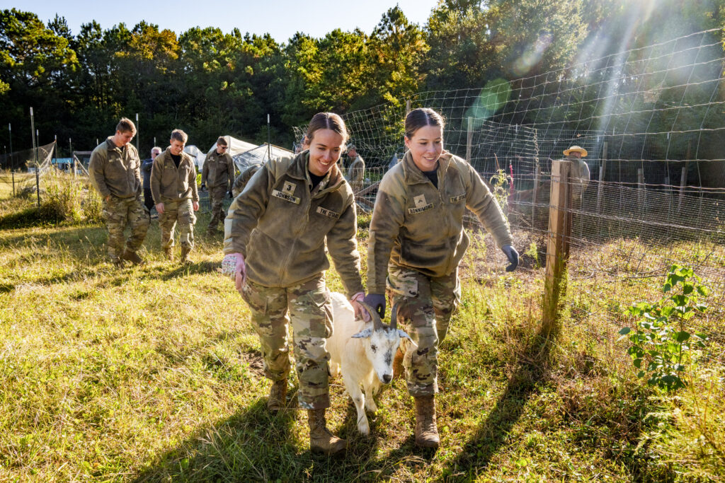A Citadel cadets help move the goats to pasture at the sweetgrass farm before getting to work during leadership day Wednesday Oct. 19, 2022 in Charleston, South Carolina.  The cadets helped repair a greenhouse which was damaged when Hurricane Ian blew through the region.(Ed Wray/The Citadel)