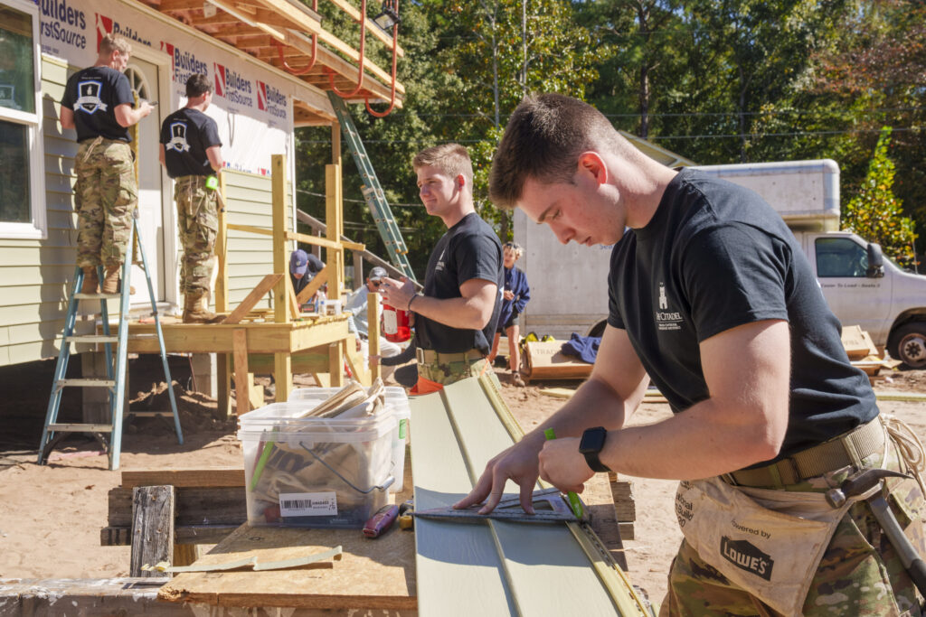 Citadel cadets help build a house with the Habitat for Humanity Charity during leadership day Wednesday Oct. 19, 2022 in Charleston, South Carolina.(Ed Wray/The Citadel)