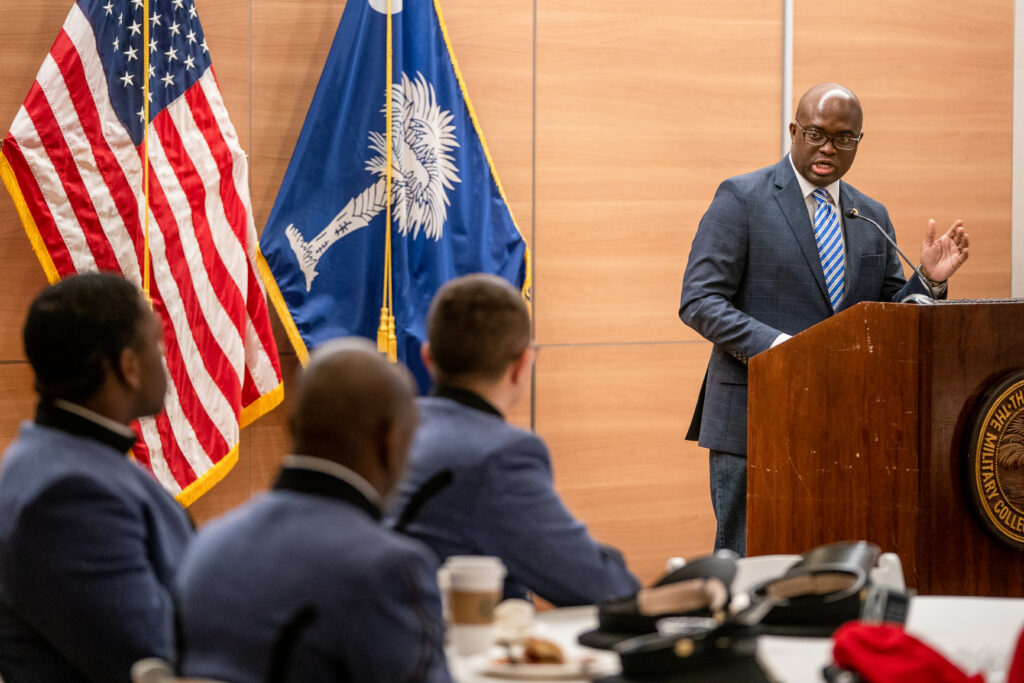 Clay Middleton speaks at the Krause Center Martin Luther King Day commemoration and parade at the Holliday Alumni Center on Monday Jan. 16, 2023 in Charleston, South Carolina.(Ed Wray/The Citadel)