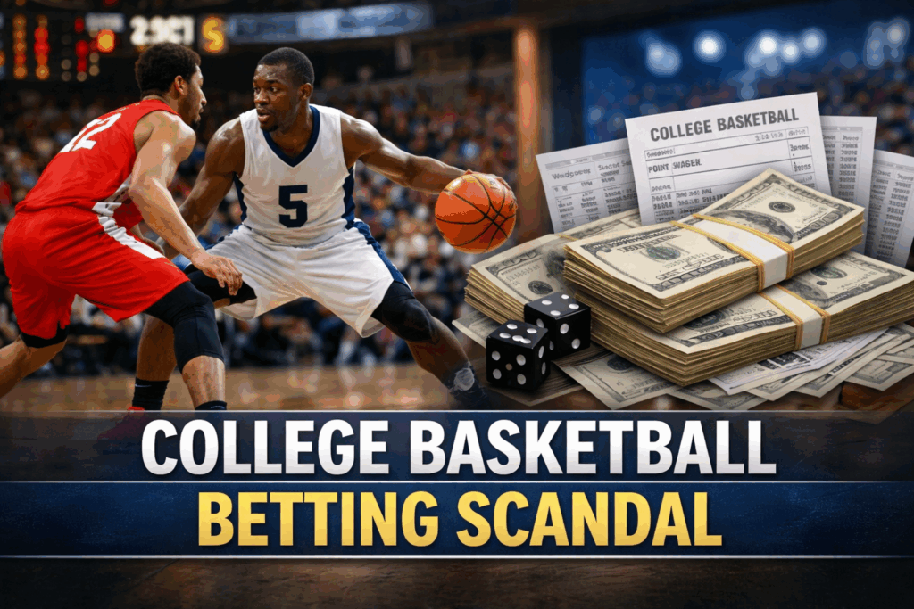 Illustration representing a college basketball betting scandal, with players, cash and betting slips.