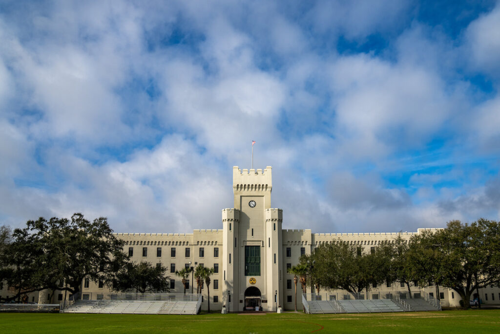 The Citadel’s Second Battalion, Padgett-Thomas Barracks, with the clock visible in the tower.