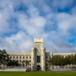 The Citadel’s Second Battalion, Padgett-Thomas Barracks, with the clock visible in the tower.