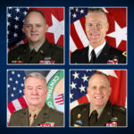 Four U.S. senior military officers in dress uniform, shown in a two-by-two grid with American flags in the background.