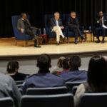 A panel in Capers Auditorium featuring three former CIA Chiefs of Station, including Glen Corn, Kevin Higgins and Ted Singer.