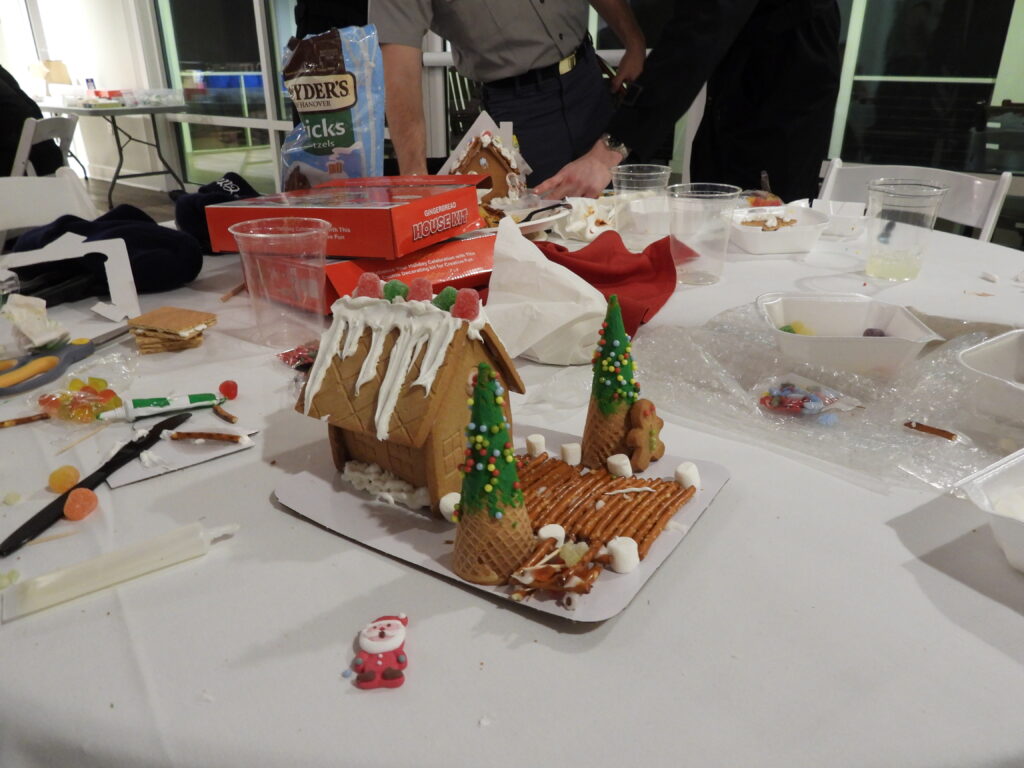 First-year engineering students engaged in an end-of-the-year gingerbread building contest.