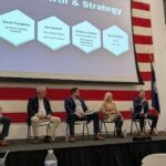 Five panelists sit on a stage aboard the USS Yorktown during the South Carolina Department of Veterans’ Affairs Entrepreneurship Forum. A large screen behind them displays speaker names and affiliations, with an American flag hanging along the wall.