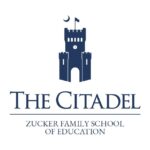 Logo for The Citadel Zucker Family School of Education featuring dark blue lettering and a rendering of Padgett-Thomas Barracks.