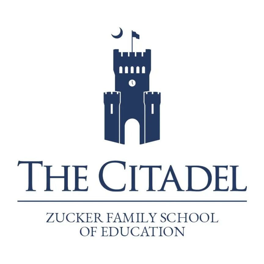 Logo for The Citadel Zucker Family School of Education featuring dark blue lettering and a rendering of Padgett-Thomas Barracks.