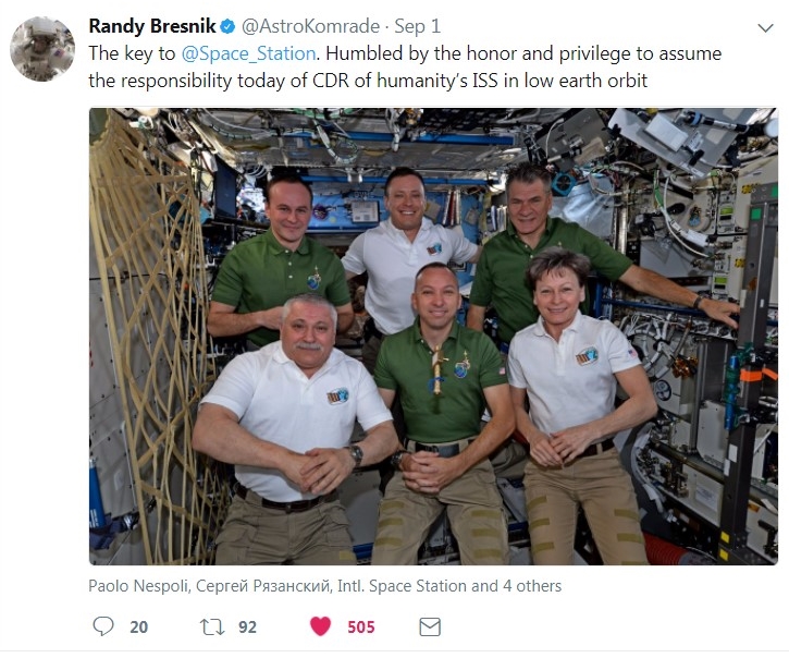 Screenshot of a social media post showing Randy Bresnik and fellow International Space Station crew members after he assumed command of the station.