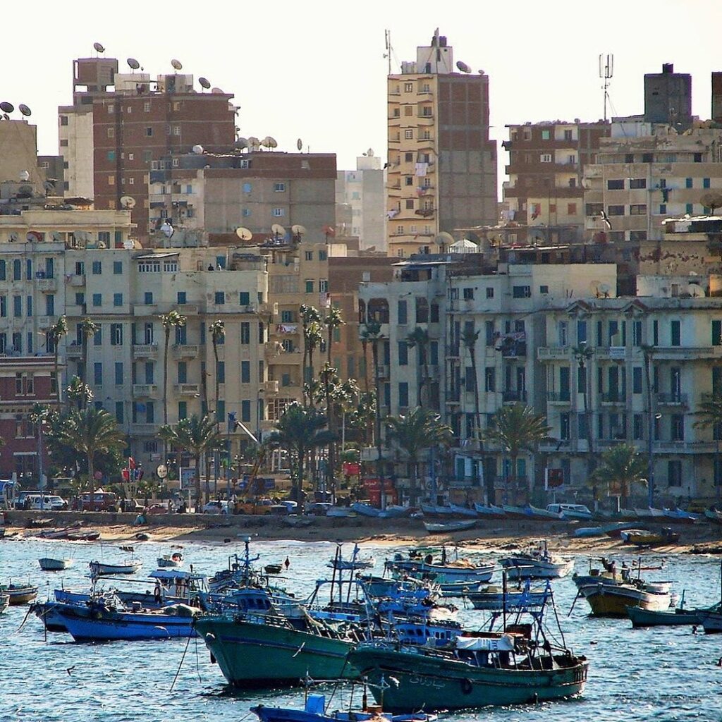Fishing boats fill the harbor along the waterfront of a densely developed coastal city.