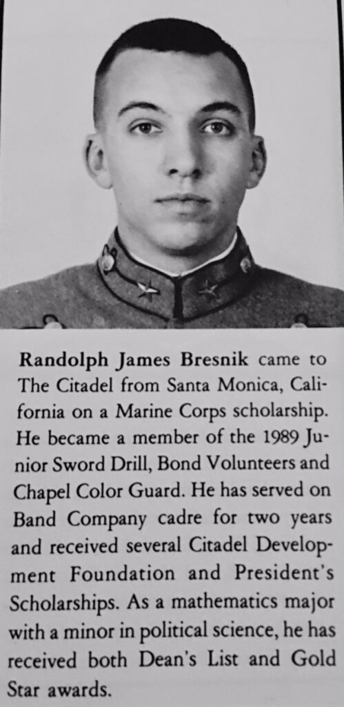 Black-and-white Citadel yearbook portrait of Randy Bresnik as a cadet.