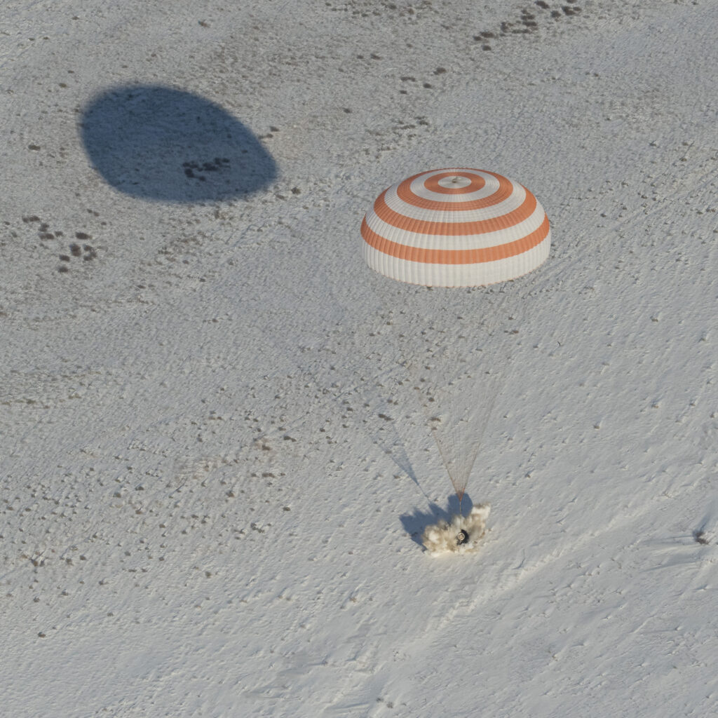 The Soyuz MS-05 spacecraft is seen as it lands with Expedition 53 Commander Randy Bresnik of NASA and Flight Engineers Paolo Nespoli of ESA (European Space Agency) and Sergey Ryazanskiy of the Russian space agency Roscosmos near the town of Zhezkazgan, Kazakhstan on Thursday, Dec. 14, 2017. Bresnik, Nespoli and Ryazanskiy are returning after 139 days in space where they served as members of the Expedition 52 and 53 crews onboard the International Space Station.
