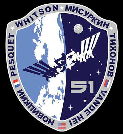 Expedition 51 mission patch featuring the International Space Station orbiting Earth and the names of the crew members.