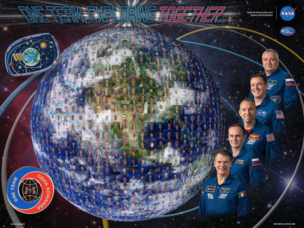 NASA Expedition crew poster featuring astronauts alongside a globe composed of hundreds of individual portraits and the words “One Team, Exploring Together.”