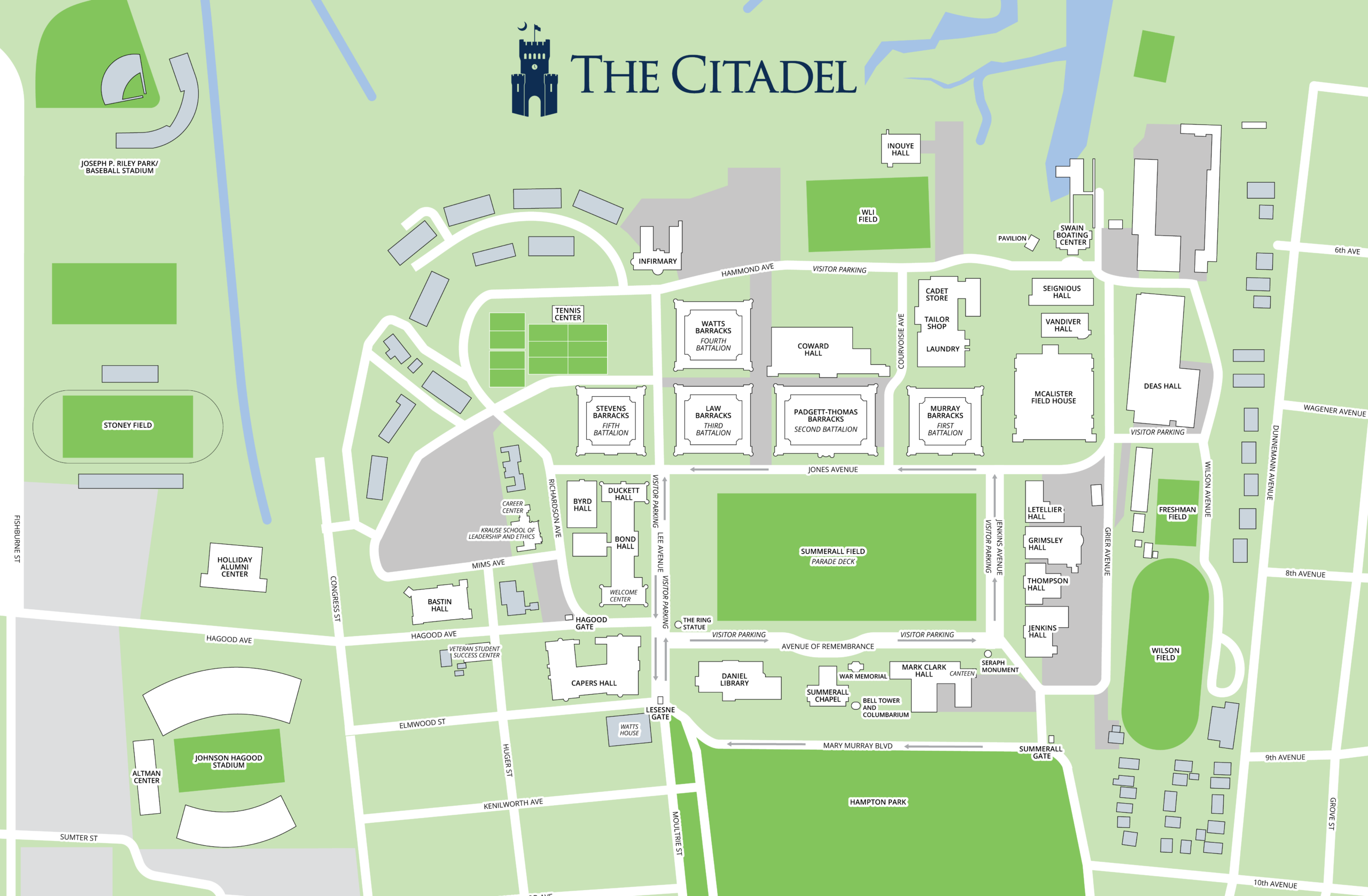 The Citadel campus map with building and streets, aerial view.