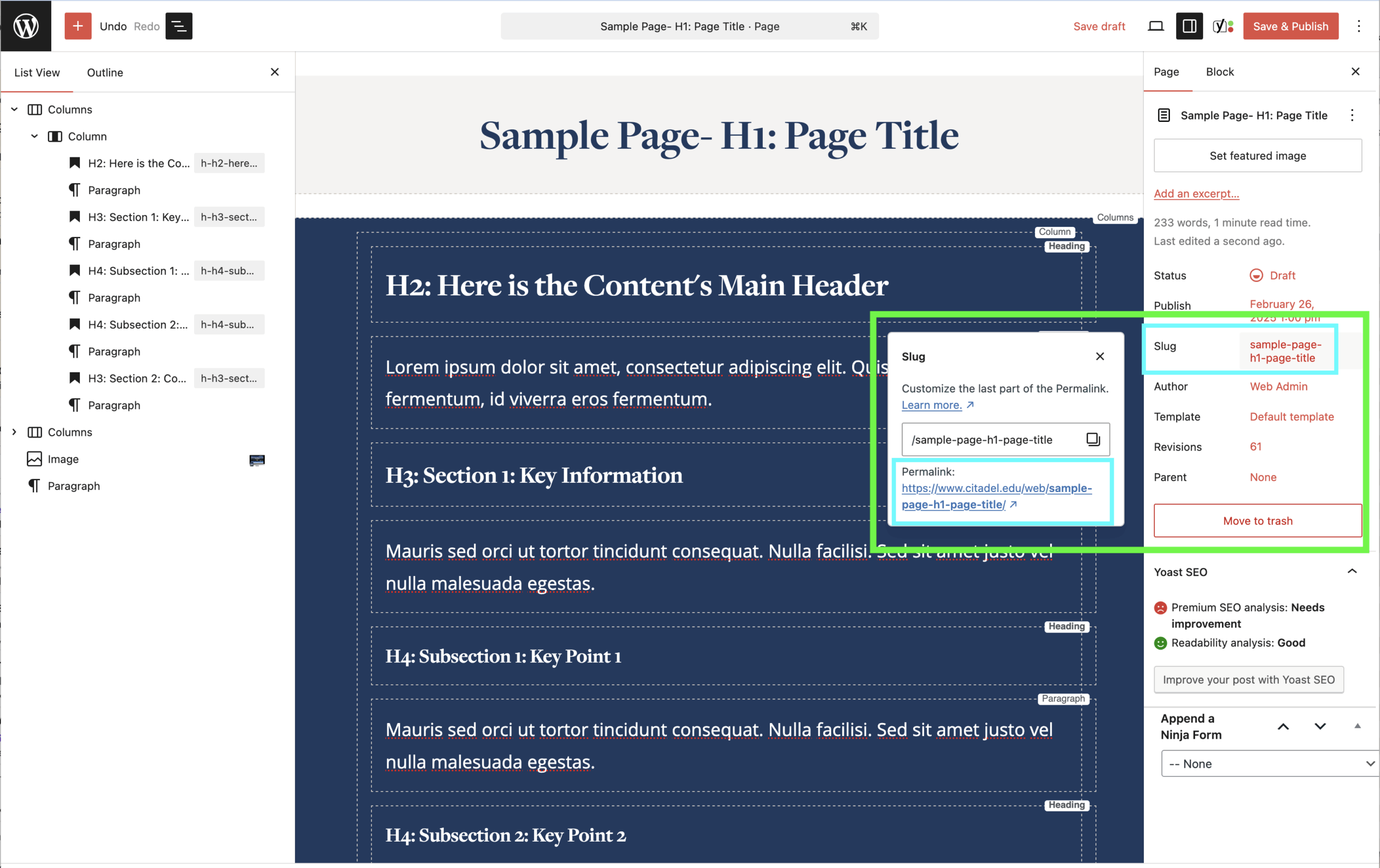 Screenshot of the WordPress page editor, with a green box highlighting the slug. 