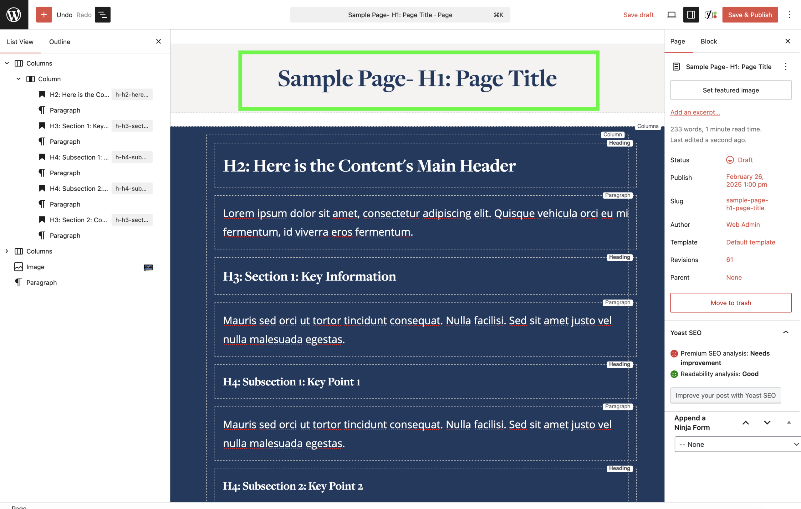 Screenshot of the WordPress page editor, with a green box highlighting the title: Sample Page-H1: Page Title.