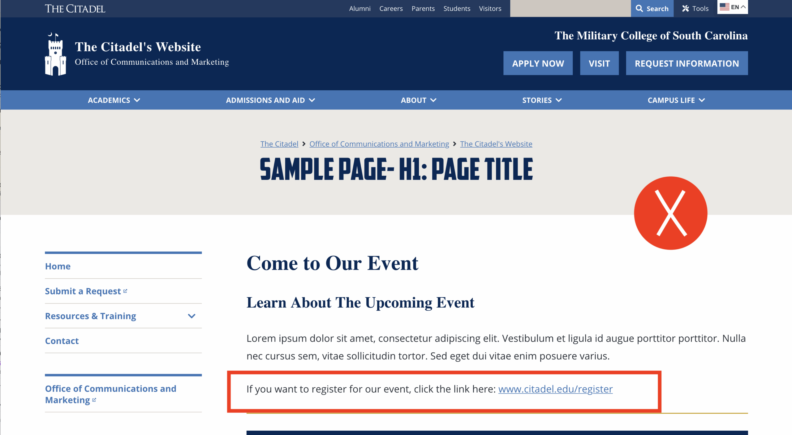 Screenshot of a Citadel webpage demonstrating an incorrect use of a written out URL as a hyperlink.
