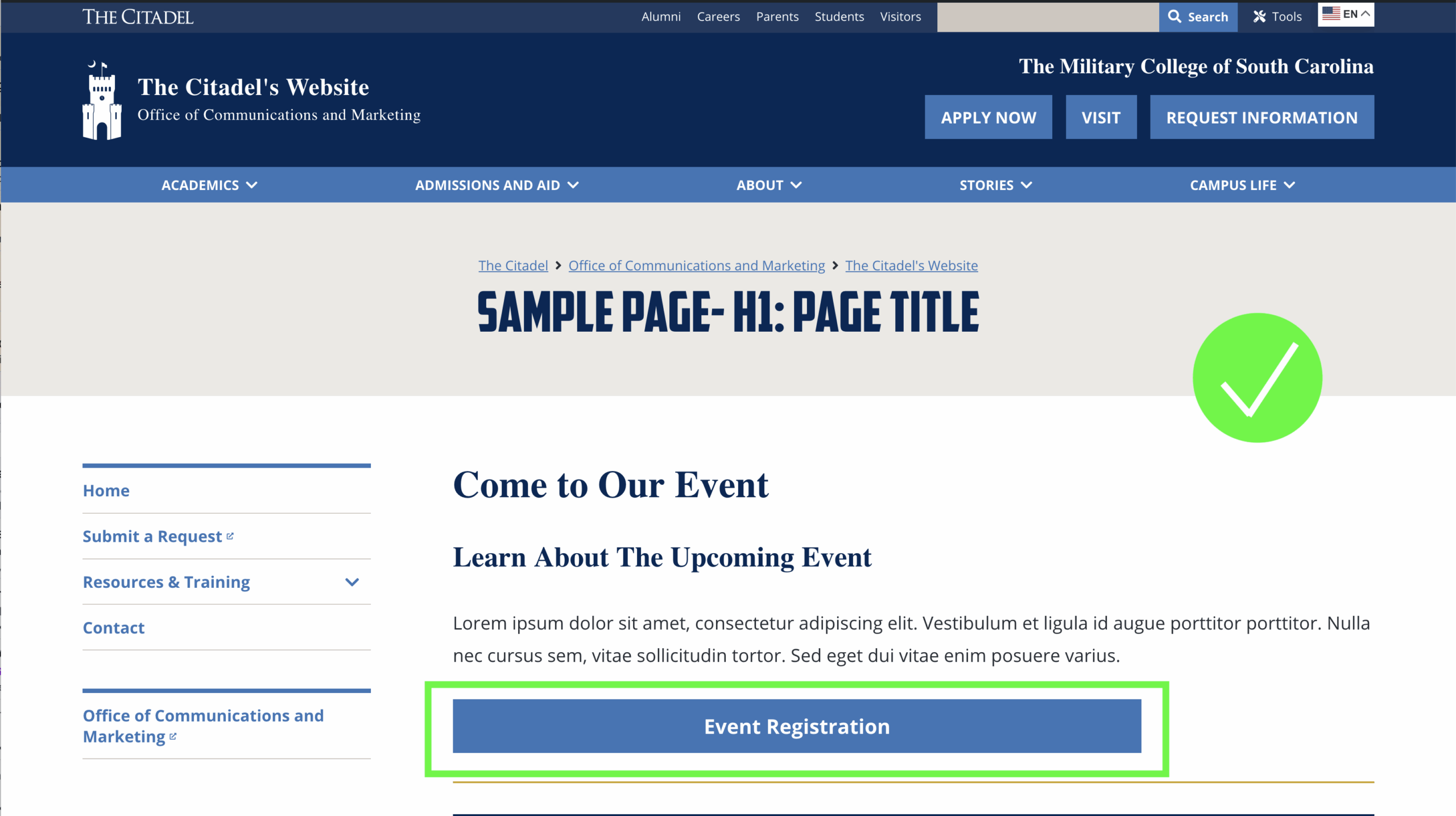 Screenshot of a Citadel webpage demonstrating the correct use of a button as a link, versus the written out URL.
