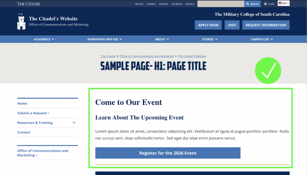 Event details are provided directly on the webpage with descriptive headings, text and a registration link.