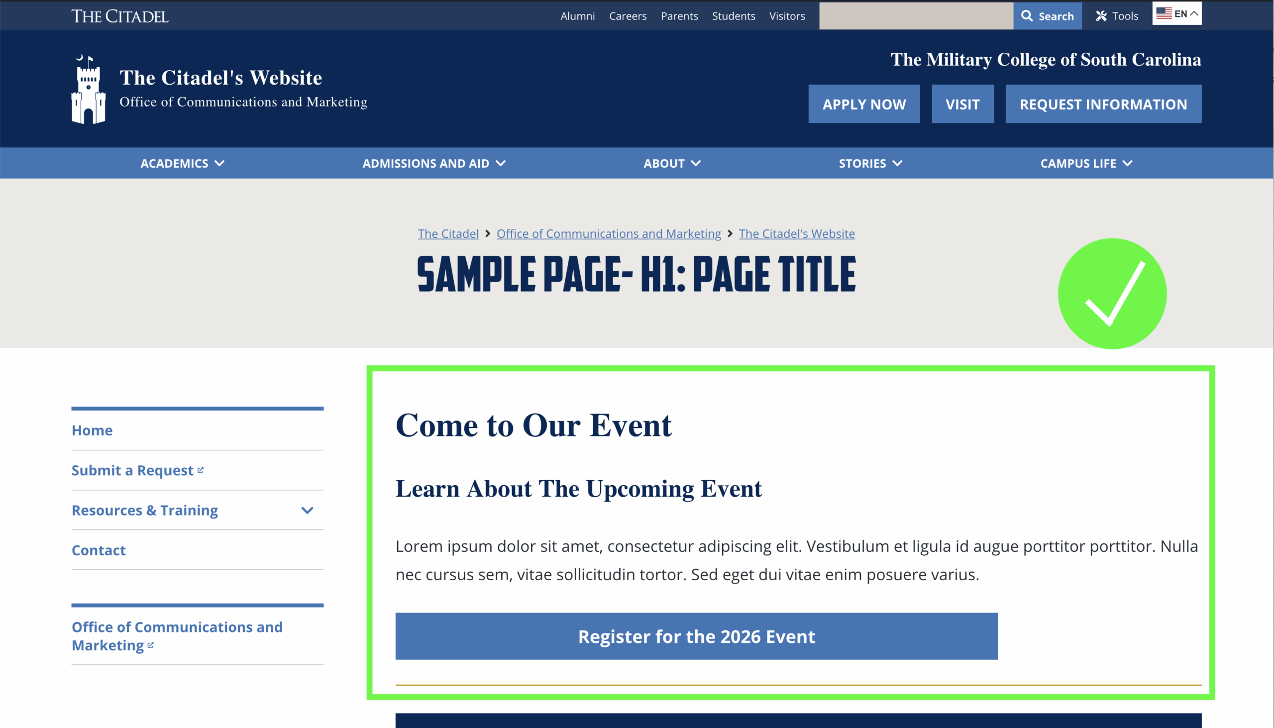 Screenshot of a Citadel webpage demonstrating the correct use of content in HTML format on the page.