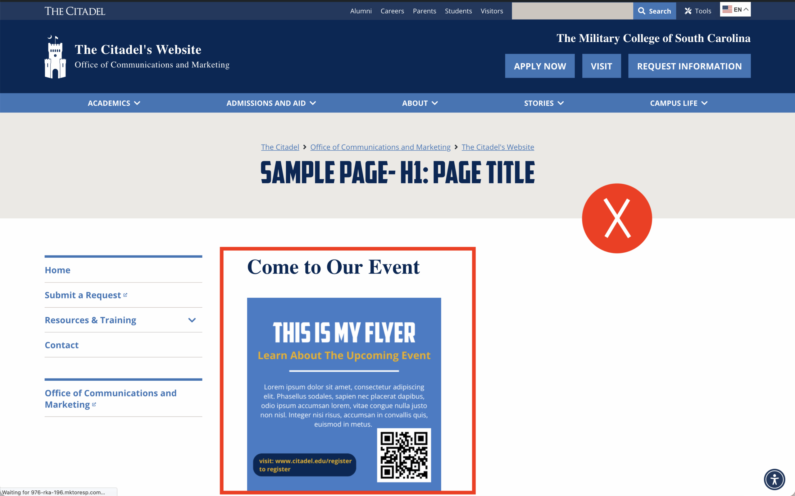 Screenshot of a Citadel webpage demonstrating an incorrect use of an image containing text and a QR code instead of real page content.