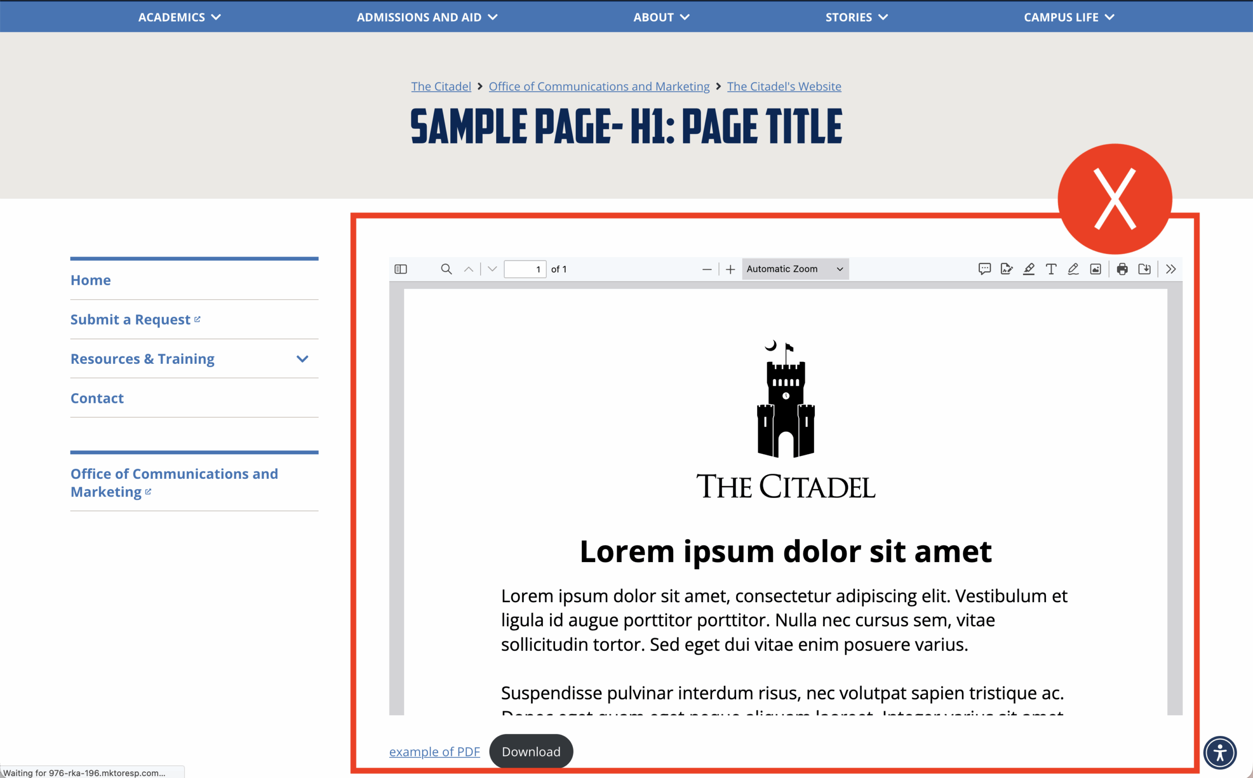 Screenshot of a Citadel webpage demonstrating an incorrect use of an embedded PDF. 