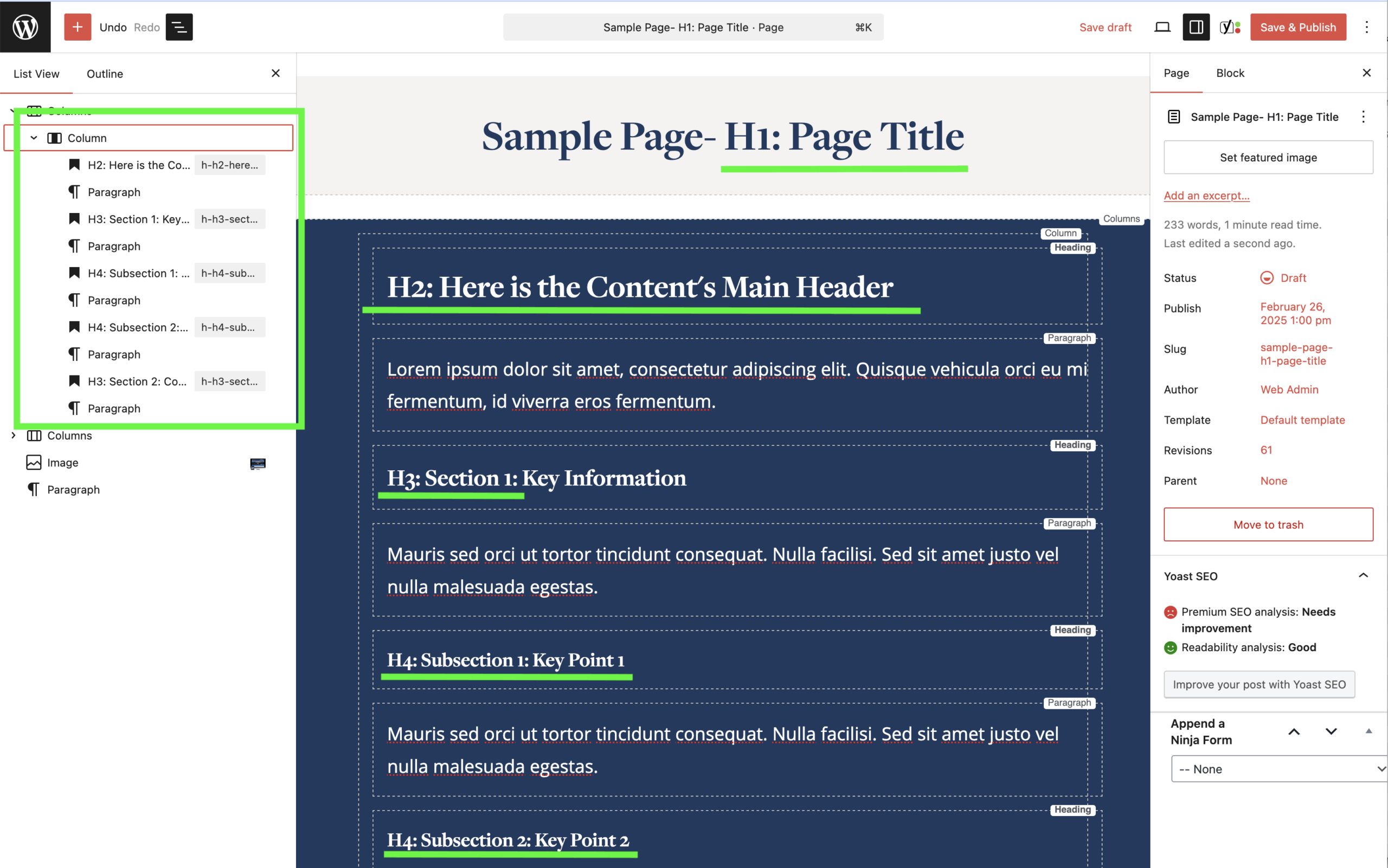 Screenshot of the WordPress page editor. With green underlines highlighting the H1: Page Title, H2, H3, and H4. A green box outlining the List View outline of the page.