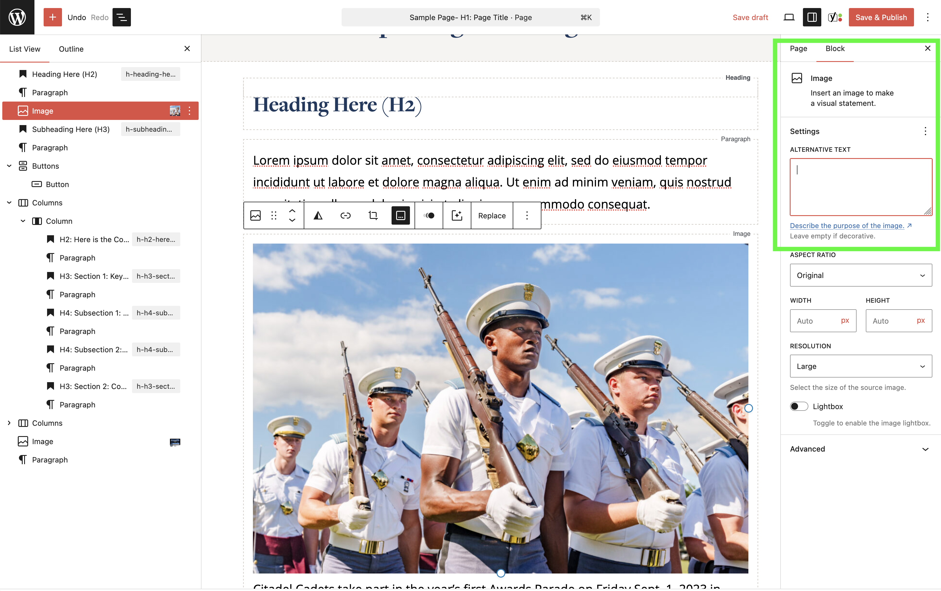 Screenshot of WordPress page editor highlighting where to edit the Alt Text for an image.