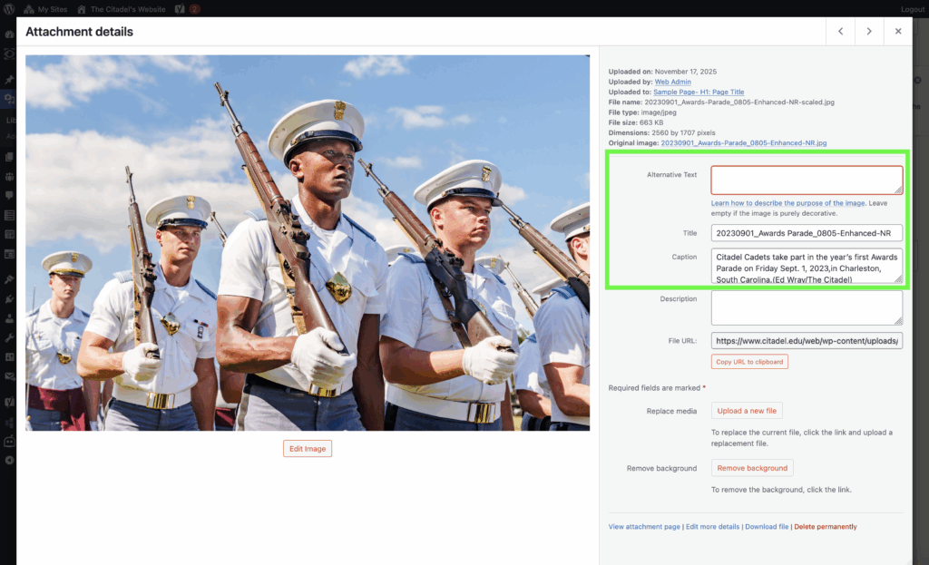 Screenshot of an image in the WordPress Media Folder, highlighting where to edit the Alt Text for an image.