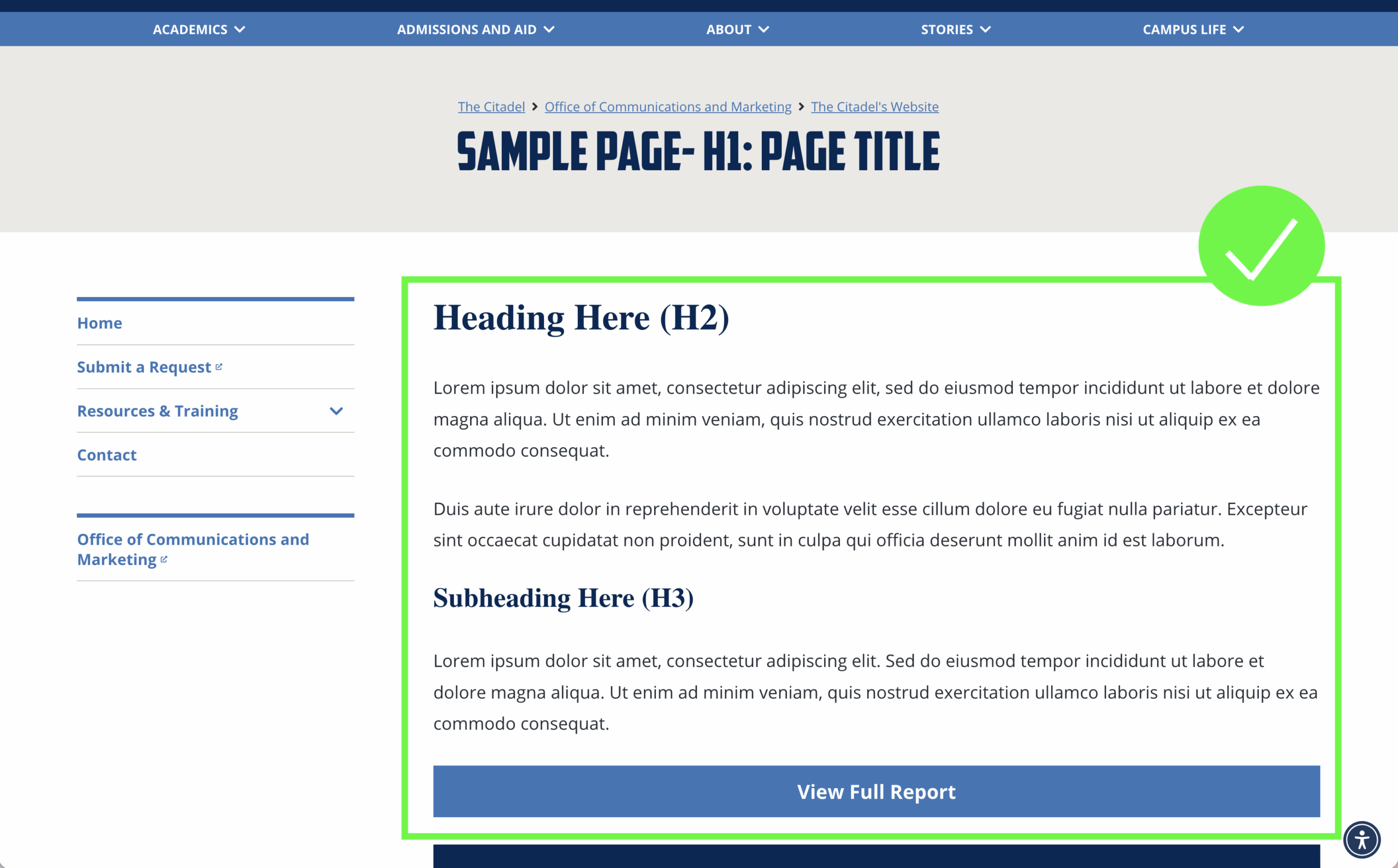 Screenshot of a Citadel webpage demonstrating proper use of on-page content with a supplemental “View Full Report” button.
