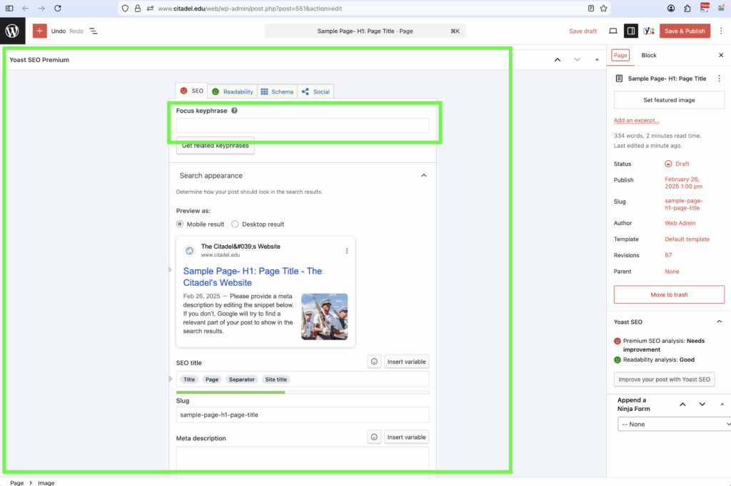 Screenshot of the Yoast fields on a WordPress page editor. With a green box highlighting the Yoast block and another green box around the Focus Keyphrase input field.