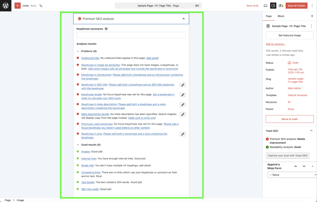 Screenshot of the Yoast fields on a WordPress page editor. With green box highlighting the Premium SEO Analysis dropdown section. 