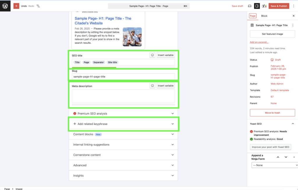 Screenshot of the Yoast fields on a WordPress page editor. With green boxes highlighting the SEO Title, Slug, Meta description, and Add Related Keyphrase blocks.  